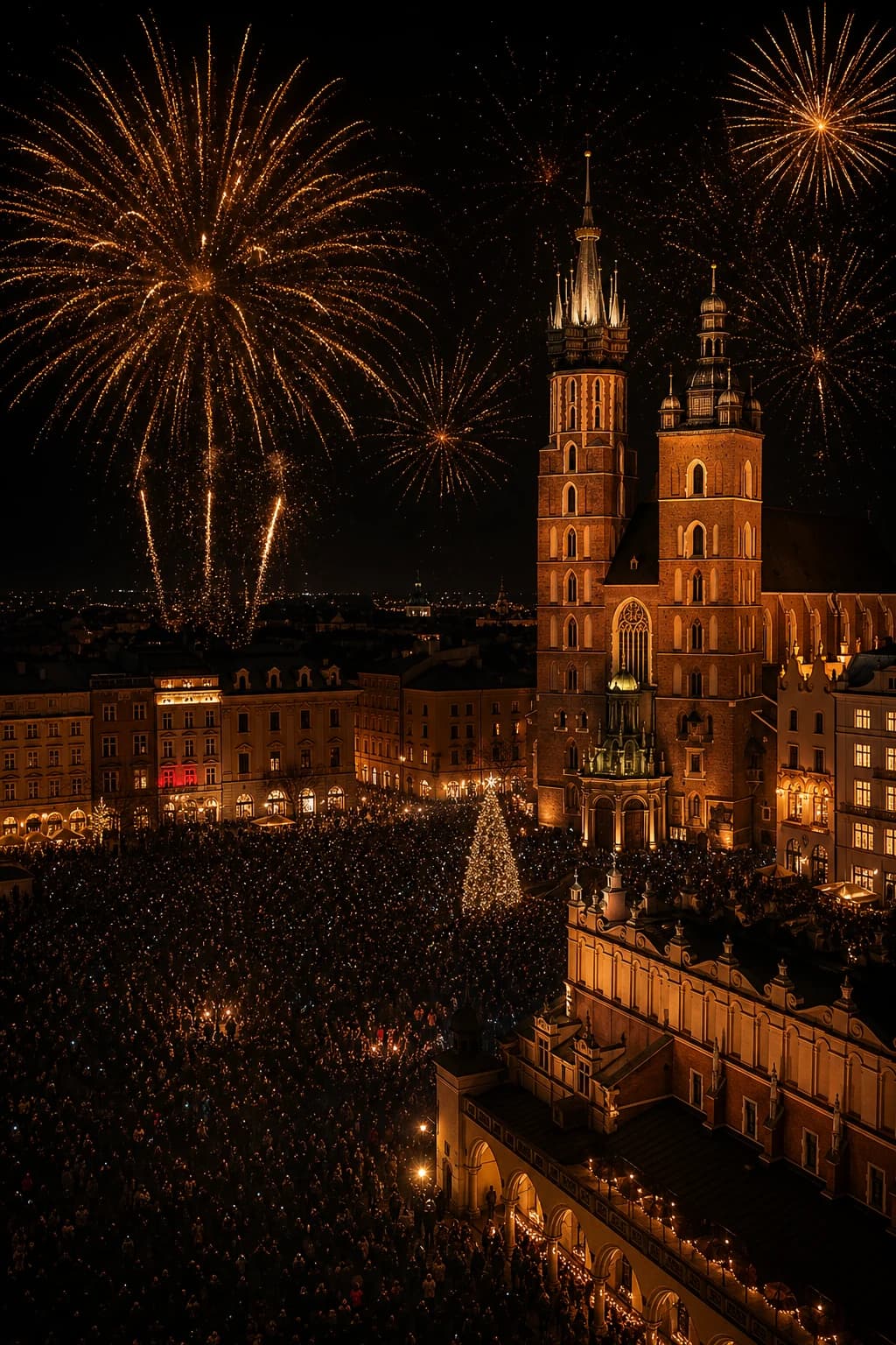 New Year's Eve fireworks and a distant crowd around St. Mary's Basilica in Krakow